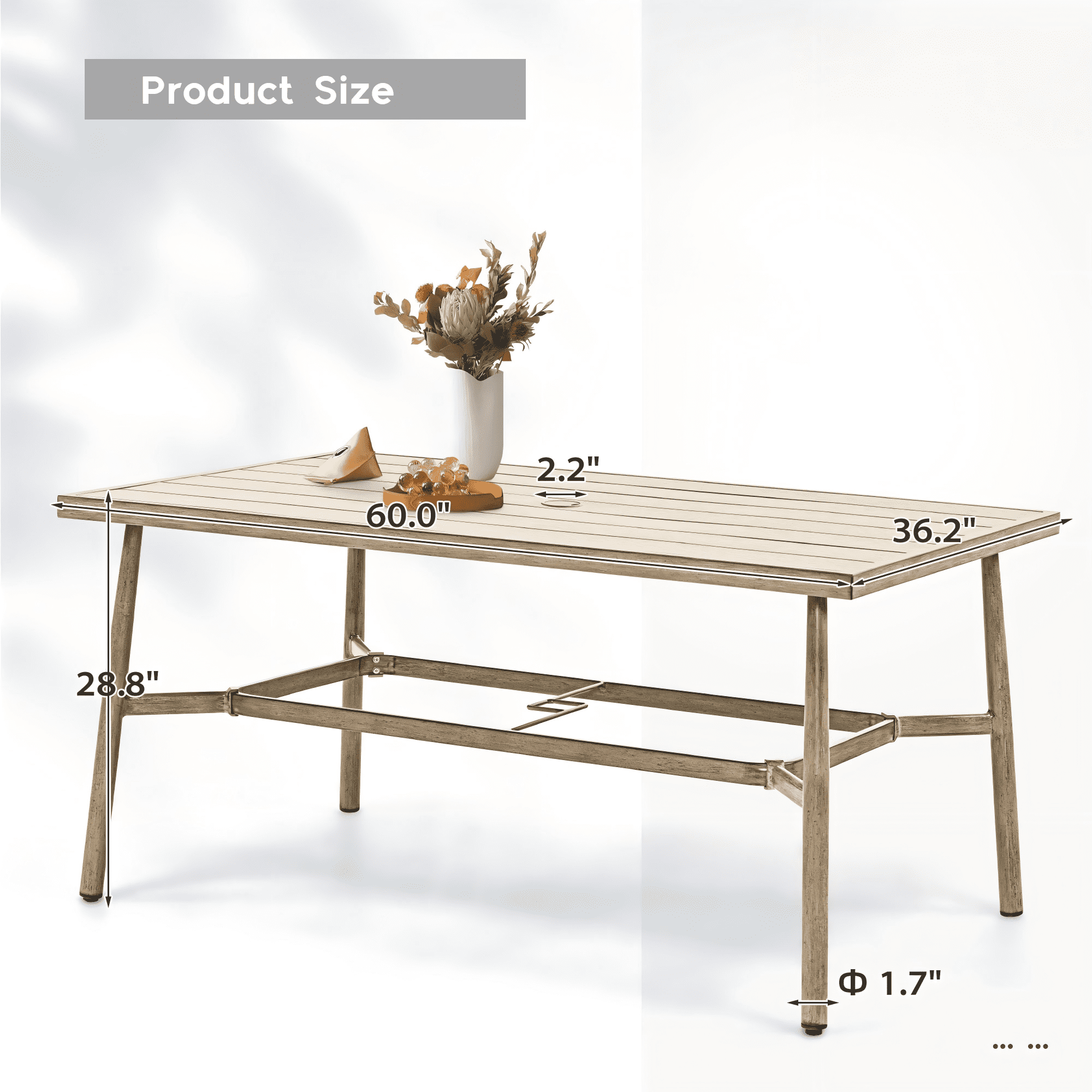 Patio Dining Table for 6, 60 Inch Outdoor Aluminum Table with Umbrella Hole, All Weather Rectangle Patio Table for Backyard Garden Deck Poolside, Brown