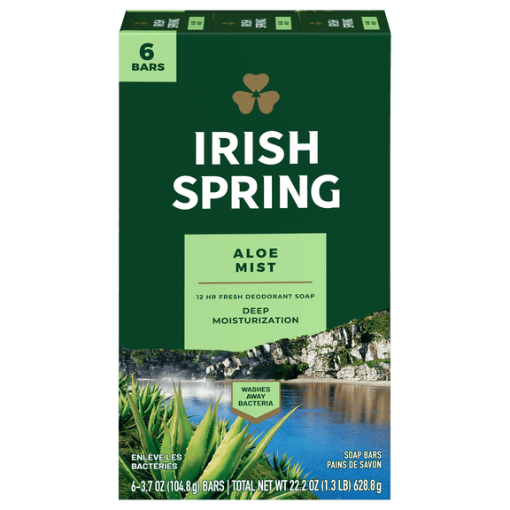 Irish Spring Aloe Mist Deodorant Bar Soap for Men, 104.8 g Bar (6 Bars)