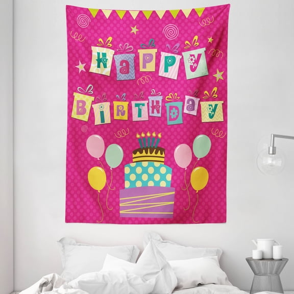 Birthday Decorations for Kids Tapestry, Light Pink Polka Dots Backdrop Happy Birthday Boxes Image, Wall Hanging for Bedroom Living Room Dorm Decor, 60W X 80L Inches, Dark Coral, by Ambesonne
