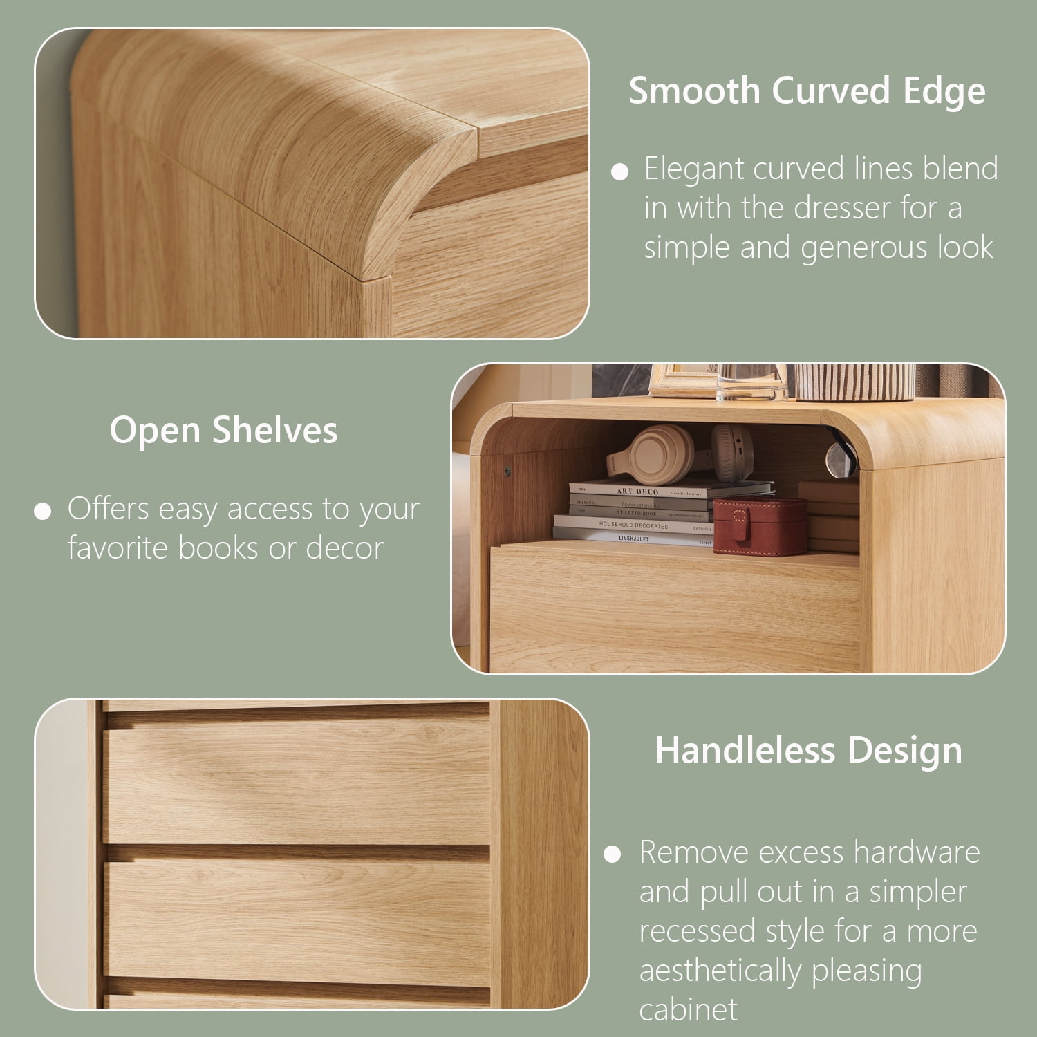 wow97e 2 Drawers Bedside Table, Modern Nightstand with Charging Station, Curved Profile Design, Mid Century End Table for Bedroom, Living Room