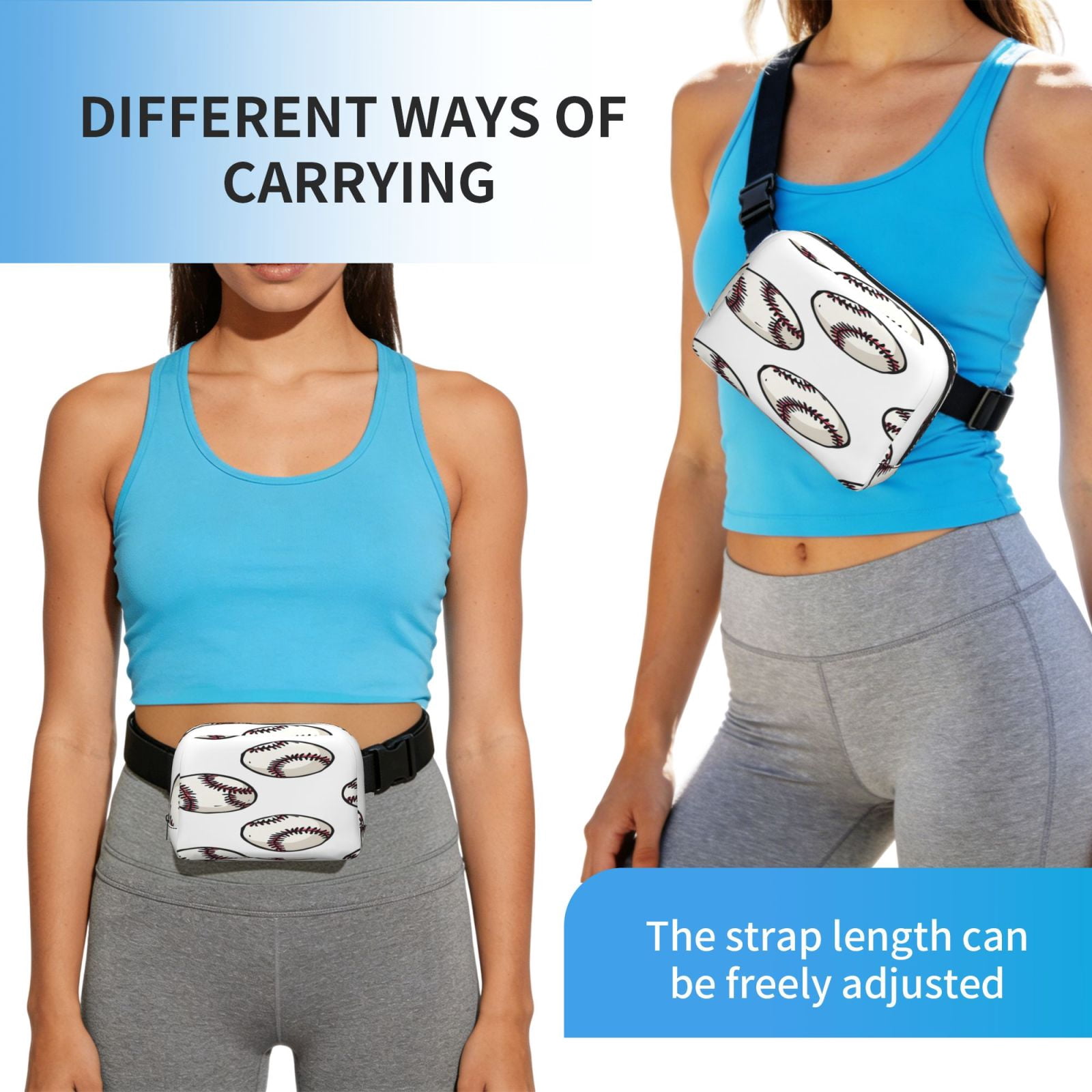 Unisex Square Waist Bag Stylish Backpack For Hiking Running Fitness Workouts Shopping And Travel Baseball Theme Sporty Dynamic White Baseballs With Red Stitching
