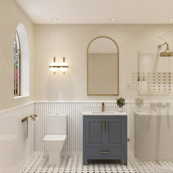 Ayna Decors Rooh 30 in Charcoal Grey Bathroom Vanity Set with White Quartz Countertop and Brass Faucet | Pop-Up Drain and P-Trap Included | Gold Hardware