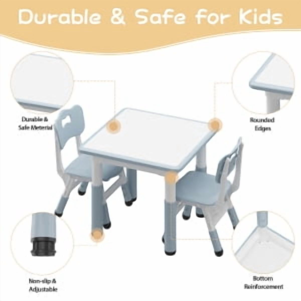 Kids Table & 2 Chair Set,Square Table and Chairs Set,Height Adjustable Toddler Table with Graffiti Desktop,Children Multi-Activity Table for 2,Kids Furniture for Ages 2-8