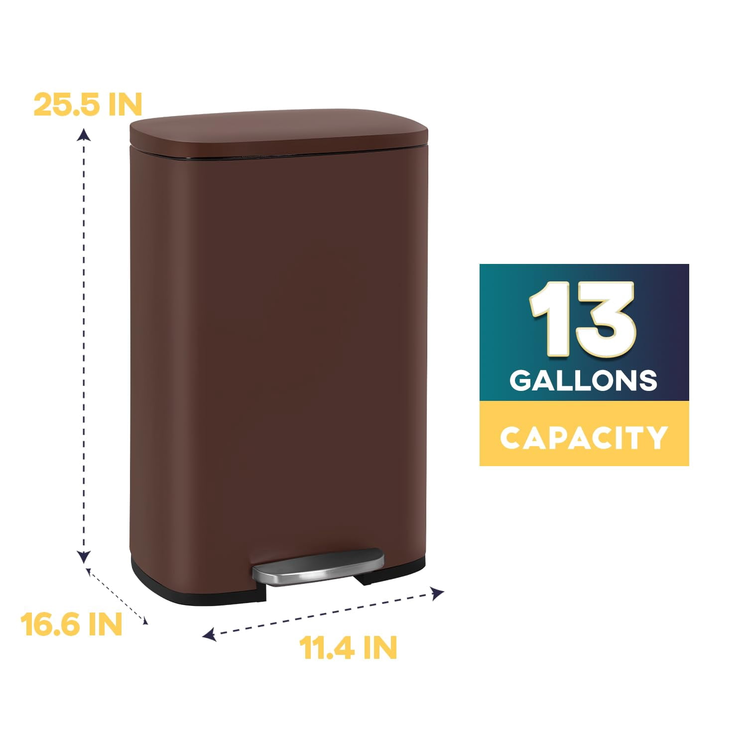 CL.HPAHKL 50 Liter / 13 Gallon Garbage Can, Fingerprint-Proof Garbage Can with Lid Stainless Steel Kitchen Trash Can with Removable Inner Bucket Step Trash Can, Brushed Stainless Steel Finish, Brown