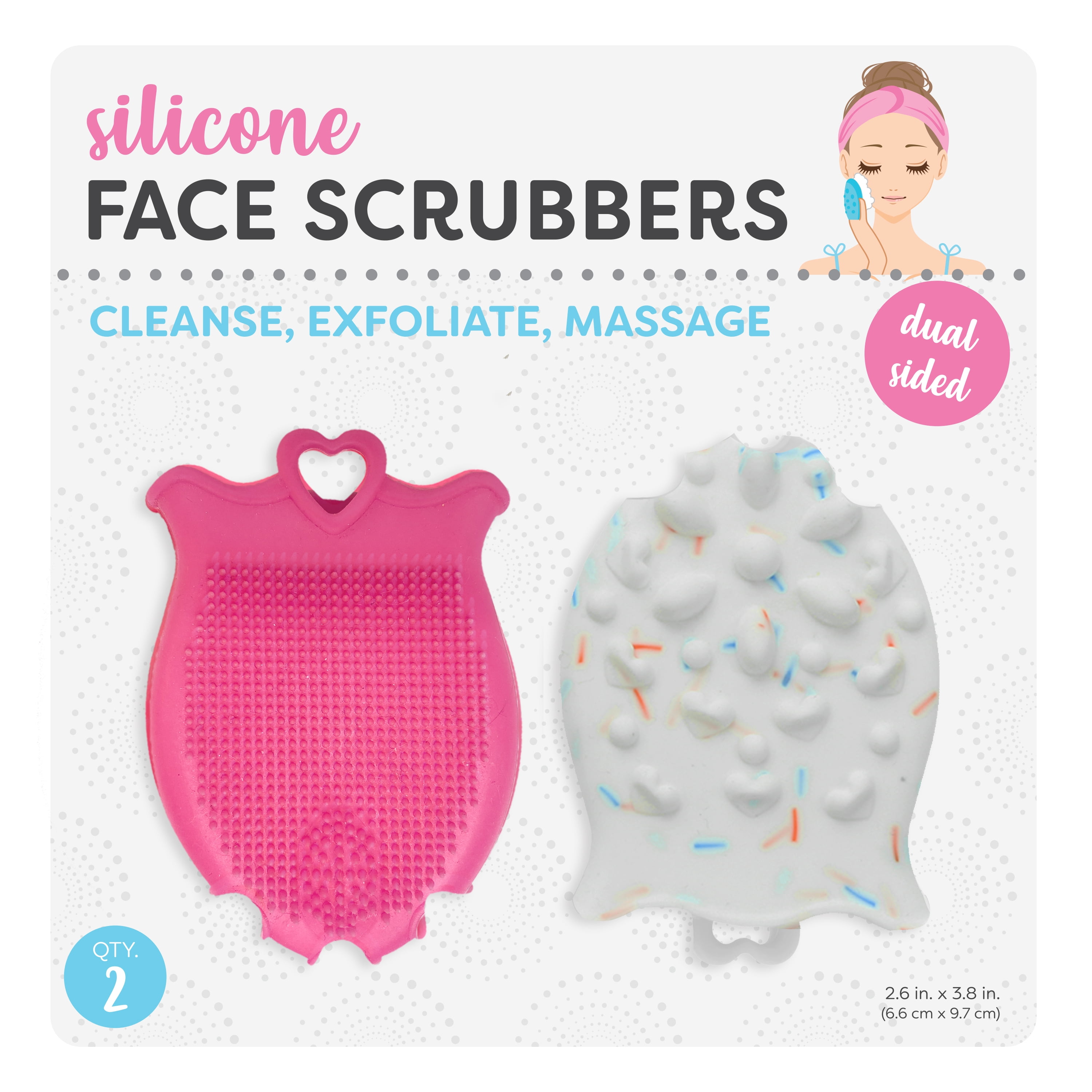 S&T INC. Dual Sided Silicone Face Scrubbers, All Skin Types, 2 Pk, 2.6 in x 3.8 in, Assorted Colors