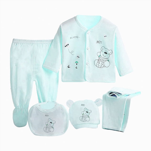 CAUYDY Baby Girls' Clothing Sets Newborn Boy Gifts Preemie Layette Set Cotton Warm Hat Bib Clothes Pants 5-Pieces Infant Pajamas Outfit 0 3 6 9 Months (Sizes 0-3 Months,Blue)