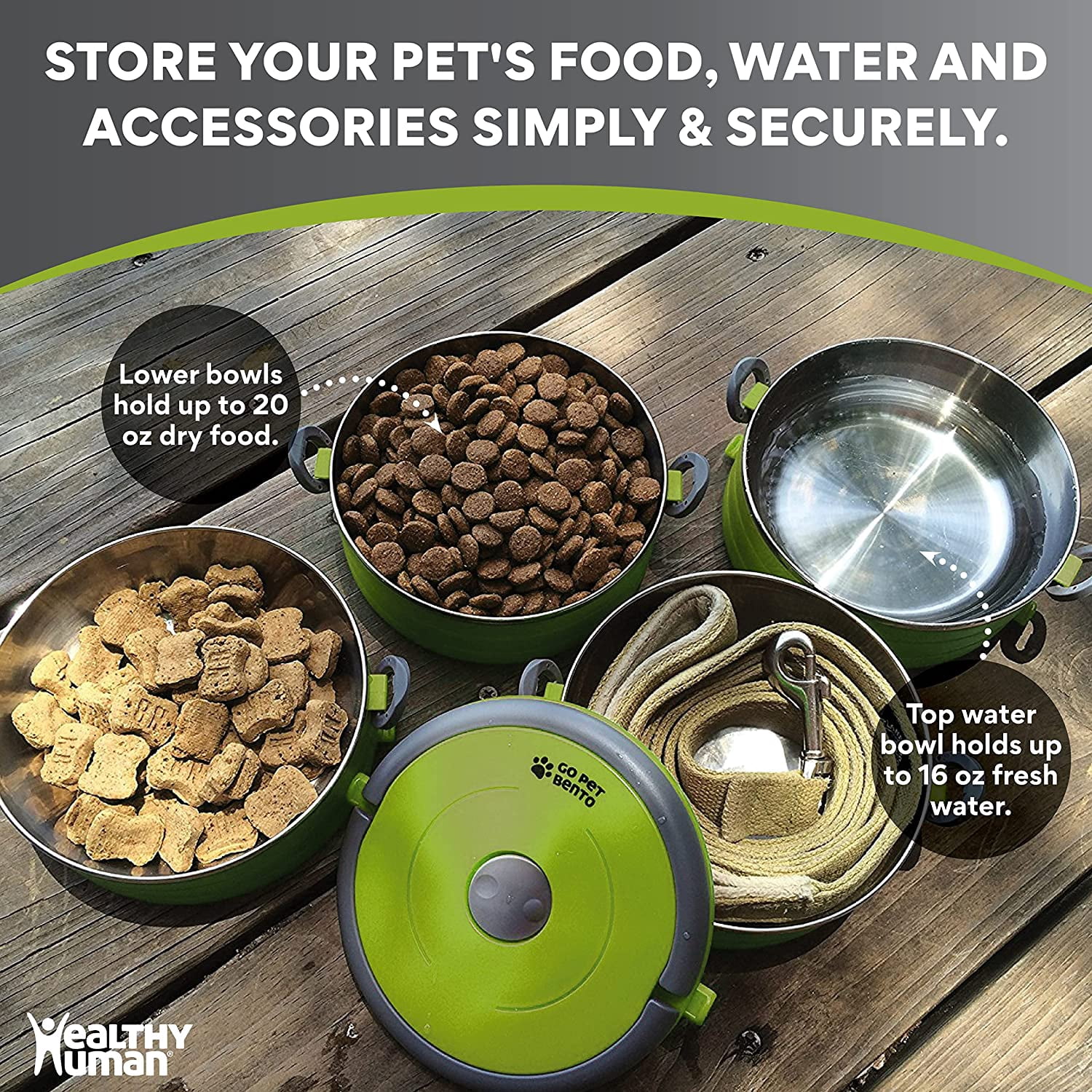 Healthy Human Travel Dog Bowls | Stainless Steel Go Pet Bento Bowl | Stackable Cat & Dog Food Bowls | Leak Proof | Set of 3 Interlocking Bowls, 2 Spare Clips, 1 Spare Handle (Green)