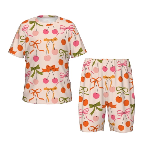 Balery Cherries And Bows Conjunto de Pijama Infantil de Manga Corta con Estampado – Ropa de Dormir de Algodón Suave-4X-Large