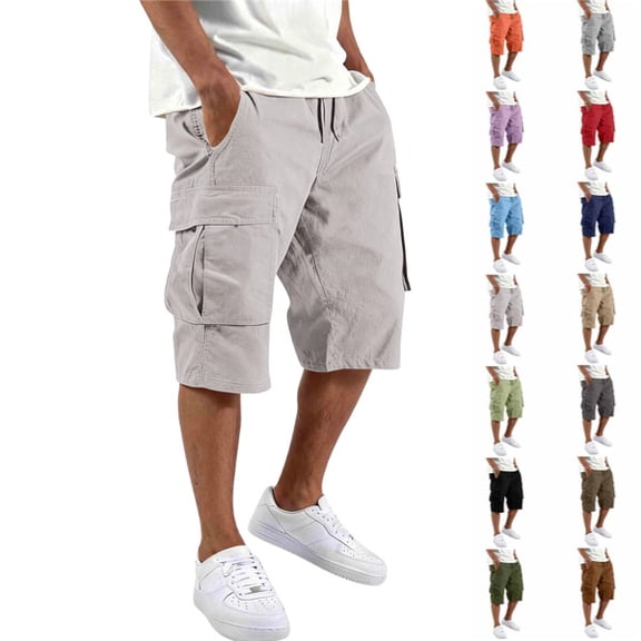 Cargo Shorts for Men Below Knee Relaxed Fit Cotton Capri Cargo Shorts with Multi Pockets Long Tactical Shorts Summer,White,4XL