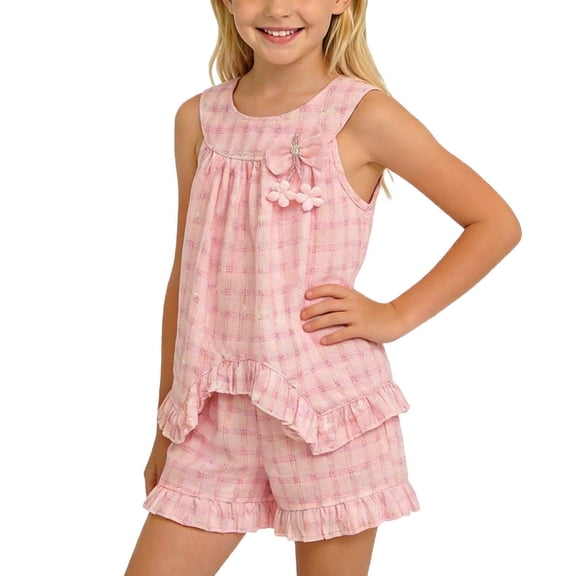 Edvintorg Girls 2 Piece Outfits Cute Plaid Lightweight Crew Neck Sleeveless Casual Tank Top and Short Size 0-10