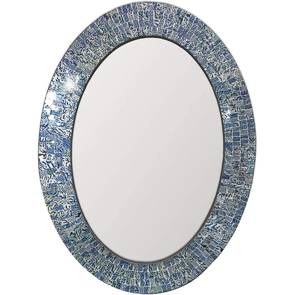DecorShore Traditional Decorative Mosaic Mirror - 32x24 in Oval Shape Hanging Blue Wall Mirror