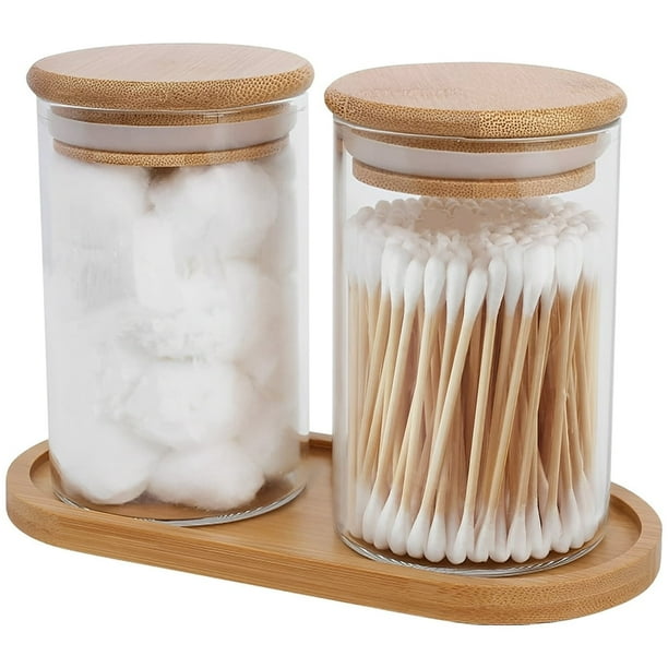 2Pcs Cotton Swab Holder with Bamboo Lid Tray 10 Oz Cotton Ball