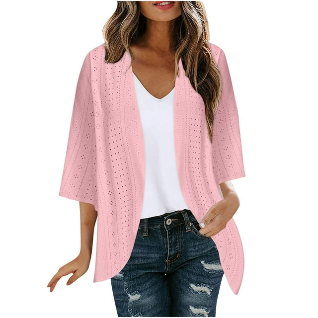 Timegard 3/4 Sleeve Cardigan for Women Eyelet Front Open Comfort Solid Color Fall Casual Loose Jackets