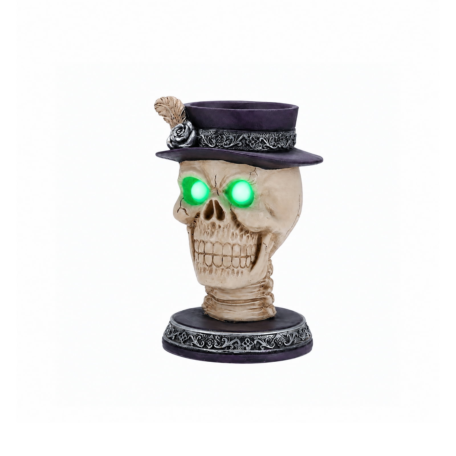 Gothic Skull Head Statue with LED Glowing Green Eyes Victorian Top Hat Resin Candle Holder Halloween Decor