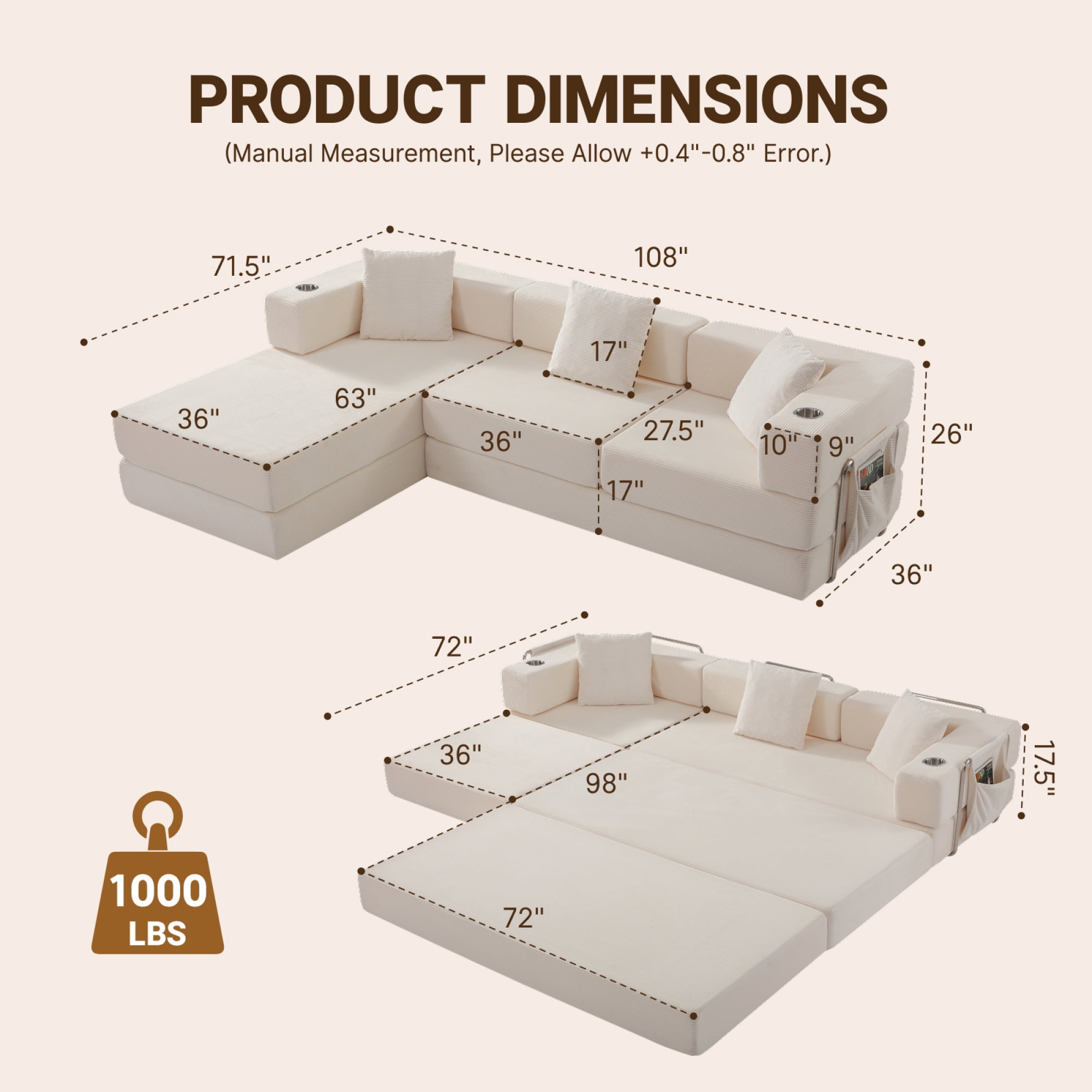 Leumius 108" Modular Sectional Sofa with L-Shape Chaise, Boneless Cloud Couch with Deep Seat for Living Room, Bedroom White