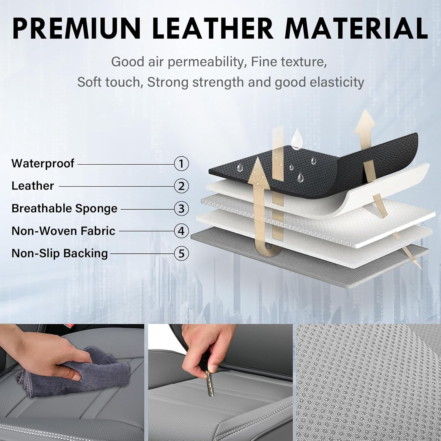 Coverado Car Seat Covers Full Set, Breathable Faux Leather Seat Protectors, Comfortable&Durable, Auto Cushion Universal Fit for Most Cars, Gray