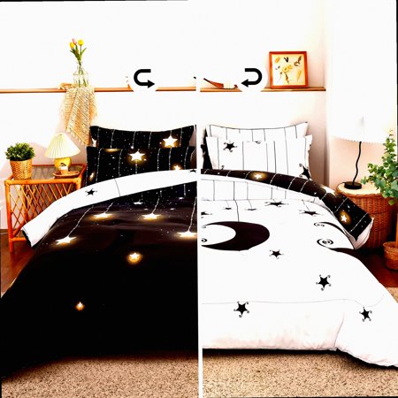 Starry Night Sky Comforter Set - Reversible Black White Bedding - Lightweight All Season 3-Piece Bed Set with Matching Pillow Shams