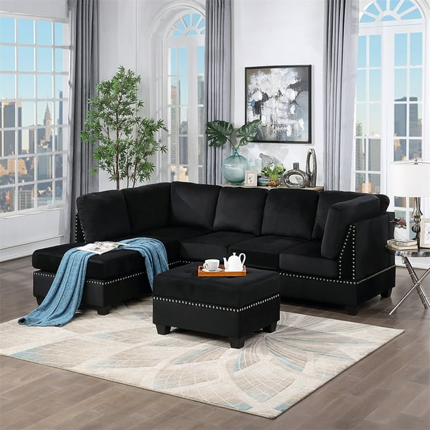 Lintimes Velvet Fabric Sectional Sofa, Black Cloth Sectional Sofa