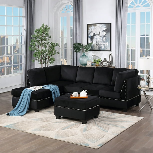 Lintimes Velvet Fabric Sectional Sofa L Shaped Modern Set With Storage Ottoman Black Com Lintimes Velvet Fabric Sectional Sofa, Black Cloth Sectional Sofa