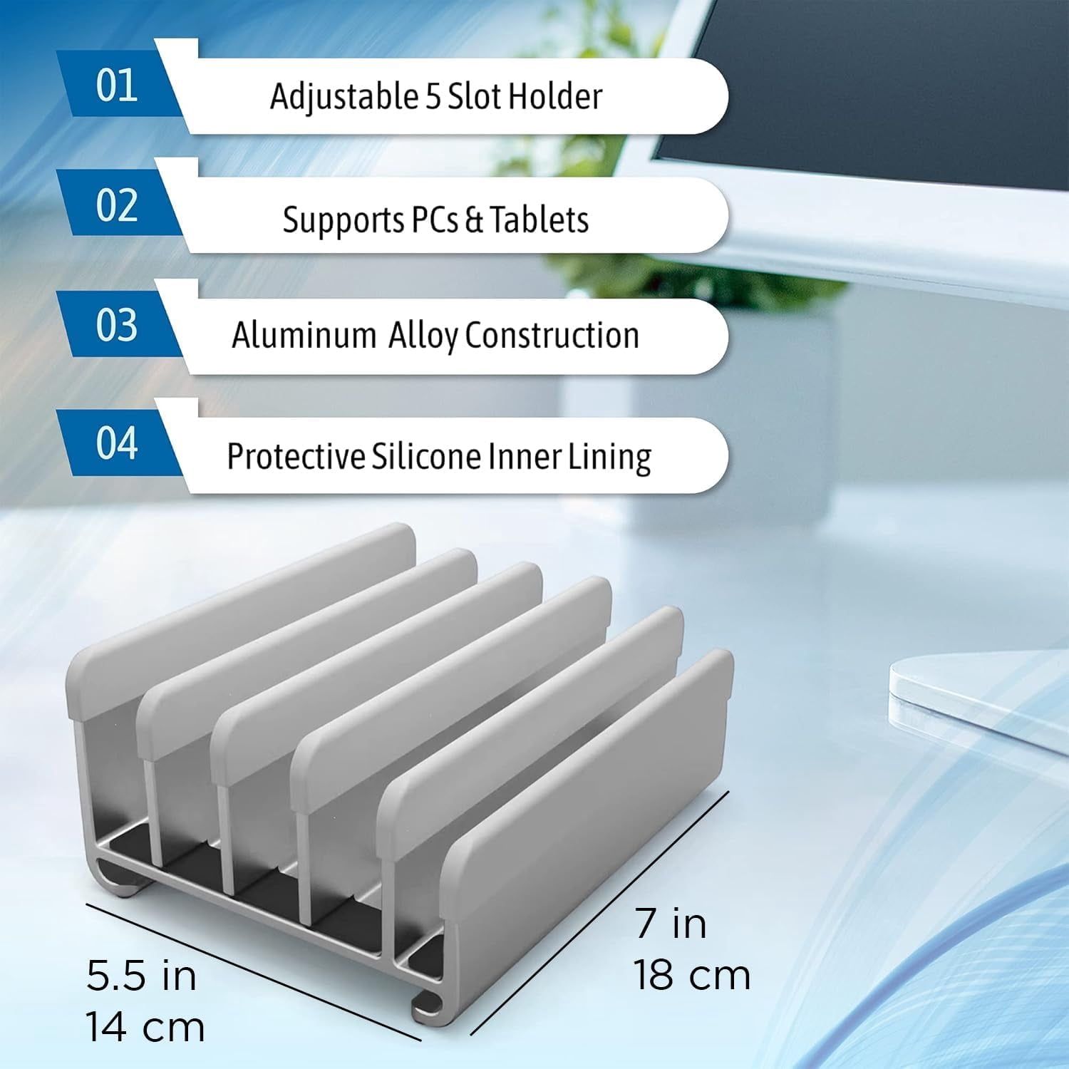 5-Slot Vertical Laptop Stand - Aluminum Laptop Stand Vertical for Desk -Laptop Holder with Adjustable Width (12-38mm) Compatible with MacBook Pro/Air & Gaming Laptops up to 17.3"-Grey