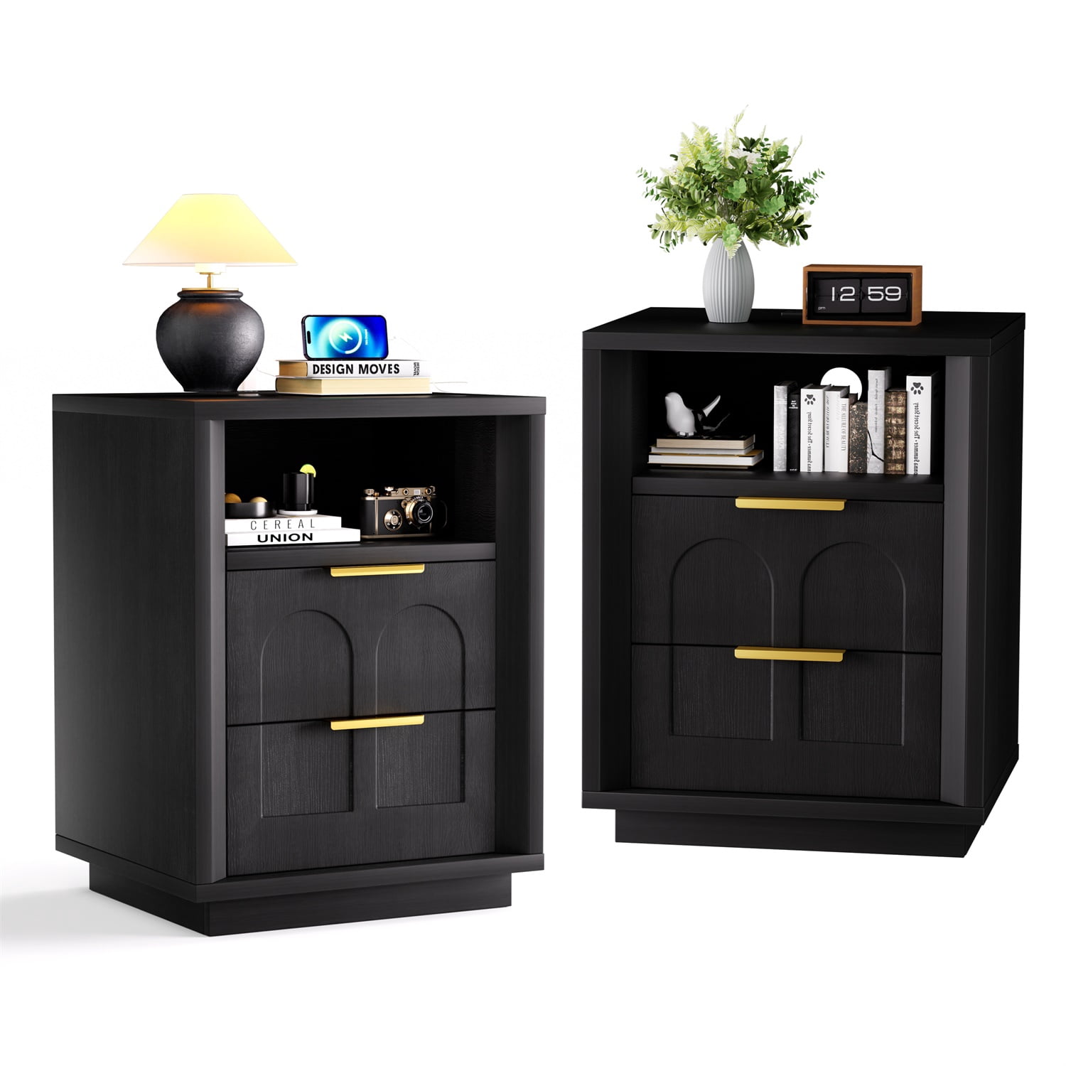Hommoo 2-Pack Modern Nightstands with Built-in Type-C Charging Station, 2 Drawers & Open Shelf, Mid-Century Bedroom Side Tables for Bedroom, Living Room or Office, Black
