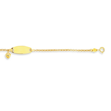 14K Yellow Gold Shiny Round Cable Link+1 Puffed Drop Heart ID Bracelet with Lobster Clasp