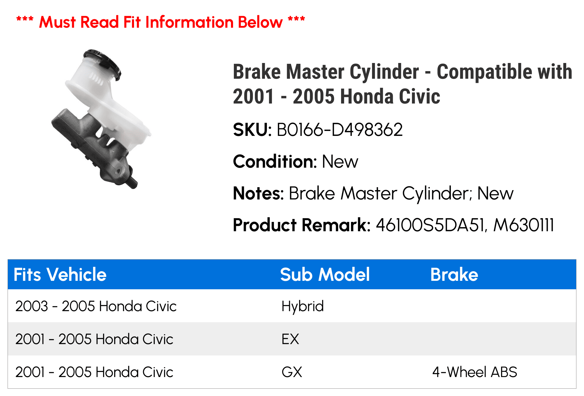 Brake Master Cylinder - Compatible with 2001 - 2005 Honda Civic 2002 2003 2004