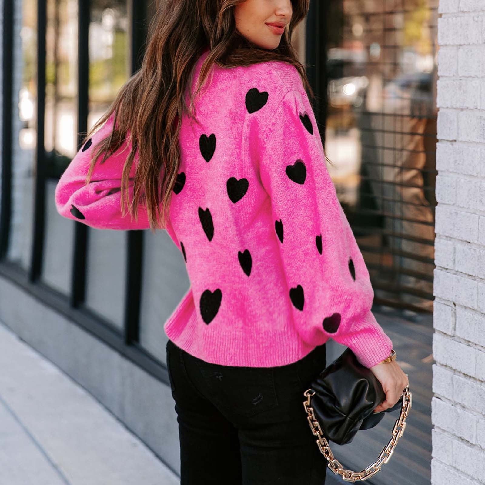 LWZWM Fall Sweaters for Women 2023 Spring Sweater Love Long Sleeve Round  Neck Loose Tops Blouse Knit Sweater Hot Pink S - Walmart.com
