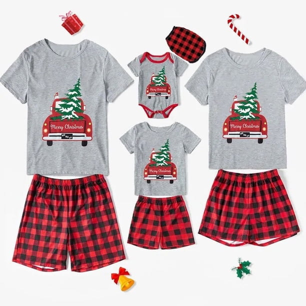 Pijamas familiares navideños a juego Camión a cuadros rojos con pijamas cortos de árbol de Navidad con pijamas de bebé