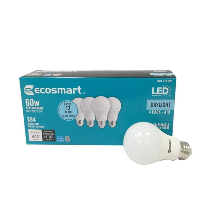 Bombillas LED Ecosmart A19, 8,5 W (60 W), 5000 K, 840 lm, paquete de 4