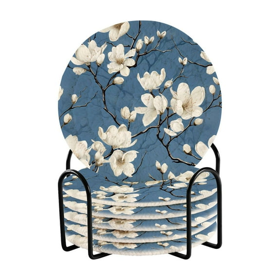 6 Pcs Drink Coasters Sets with Holder Pads Cotton Cup Heat-Resistant Hot Mats for Table Protection Flowers in Blue