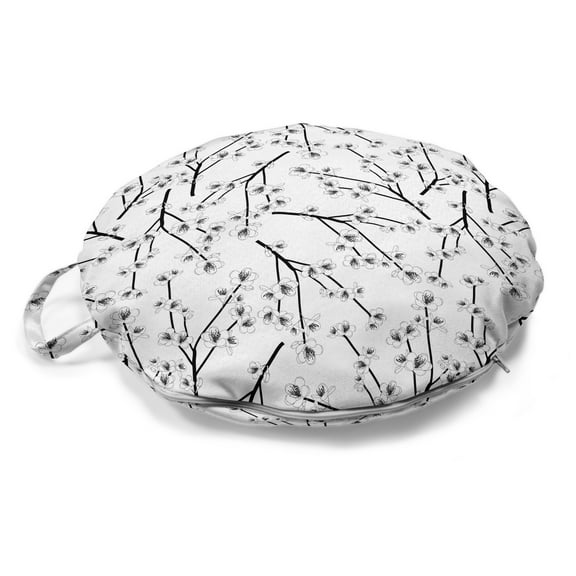 Floral Round Floor Cushion with Handle, Delicate Cherry Blossom Branches Japanese Culture Motif Print, Decorative Pillow for Living Room & Dorms, 18" Round, Charcoal Grey and White, by Ambesonne