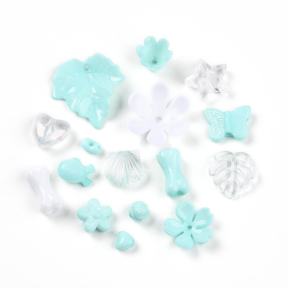 Transparent & Opaque Acrylic Beads Mixed Shapes Pale Turquoise 7.5~24.5x7.5~32.7x2.5~12.5mm Hole: 0.5~3mm