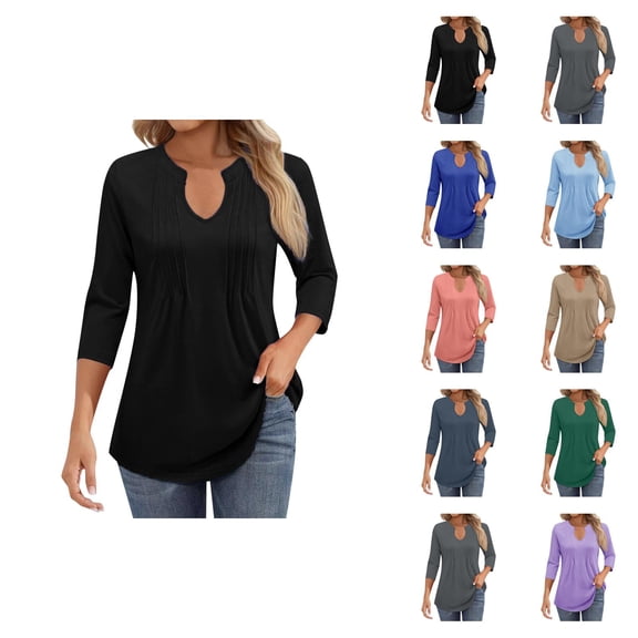 3/4 Length Sleeve Womens Tops 2026 Trendy V Neck Pleated Front Tunic Dressy Casual Work Shirt Womens Blouses