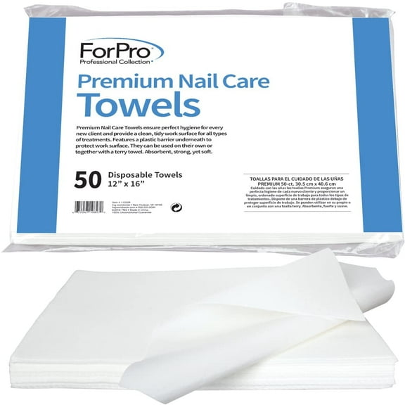 ForPro Premium Nail Care Towels for Manicures and Pedicures, Lint-Free, Disposable Towels with Poly Back, 12" x 16", 50-Count