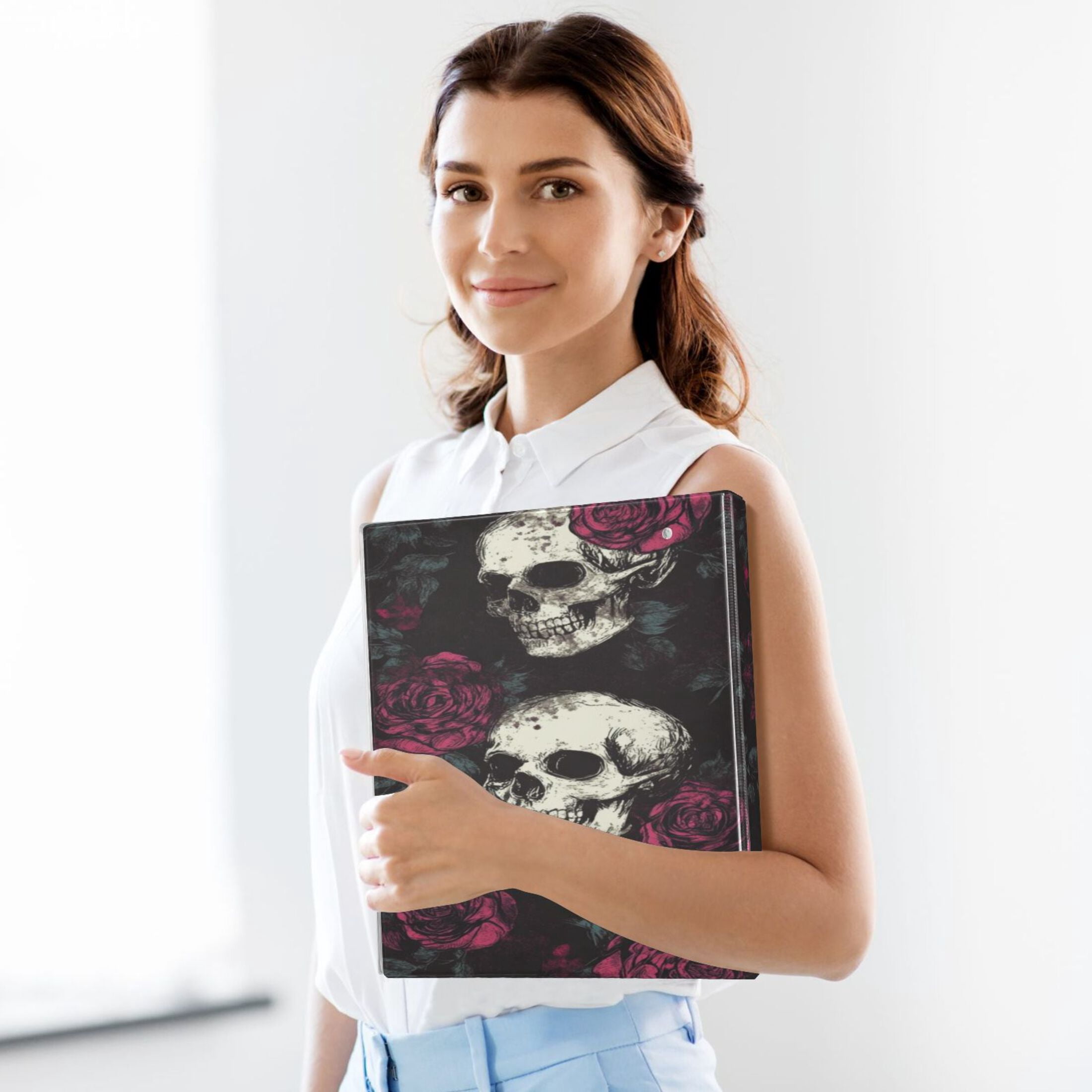 WOBOGO Skull Burgundy Roses Pattern File Folders Extra Large Capacity to Hold 200 Sheets of Documents Hard Shell Ring Binder for School Home Office