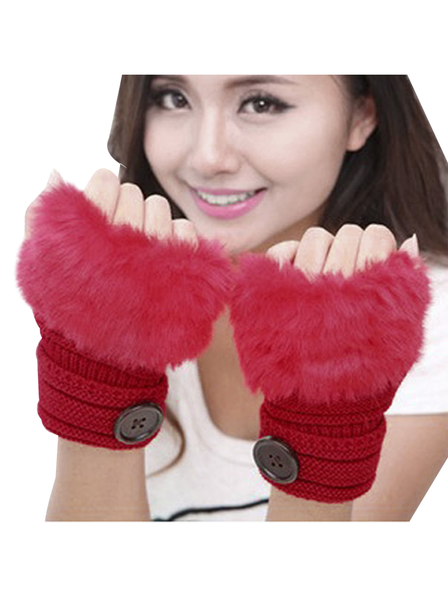 Women's Girls Arm Warmer Fingerless Short Knit Gloves With Faux Fur Mitts 
