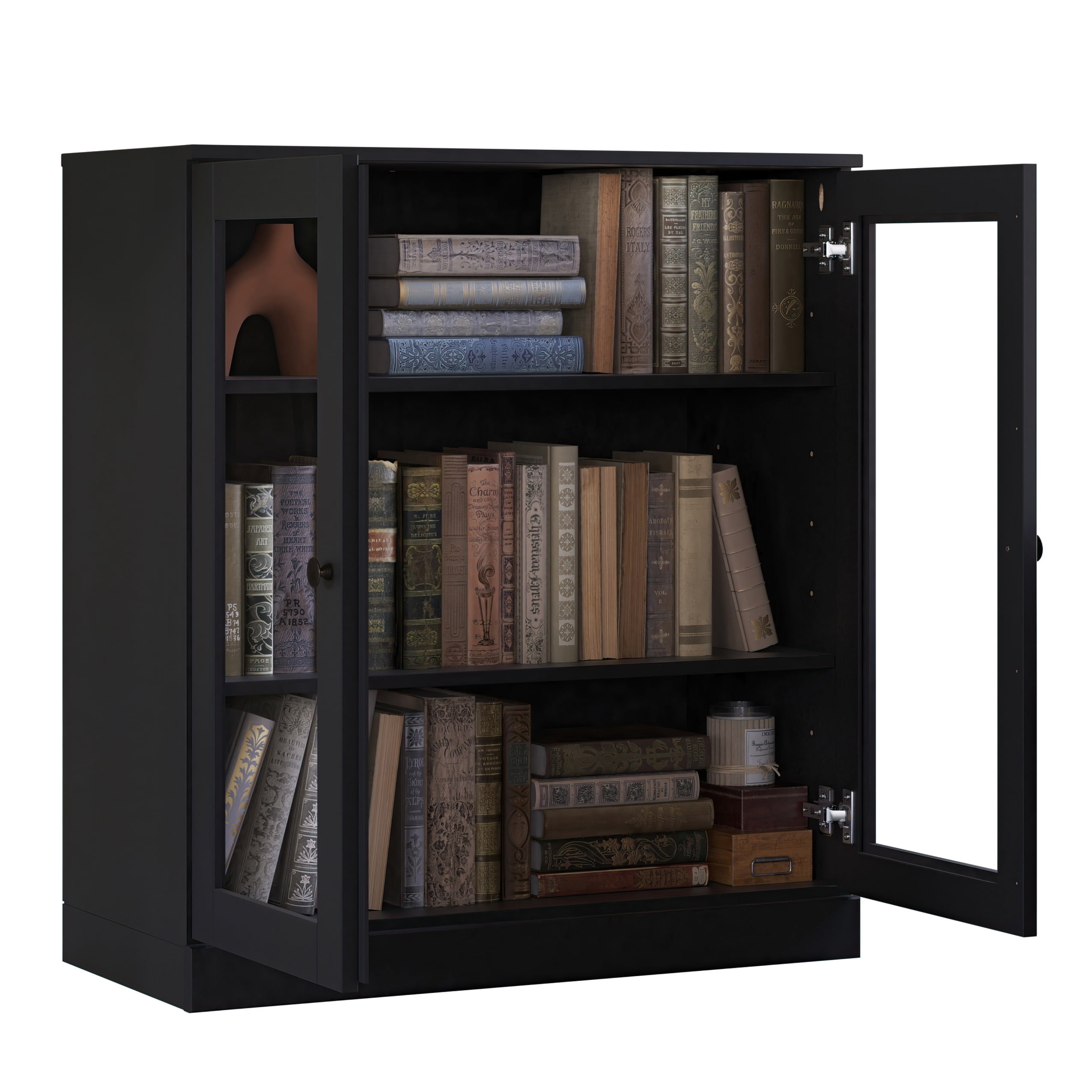 Palace Imports 100% Solid Wood 3-shelf Bookcase with Adjustable Shelves and Glass Doors, Black