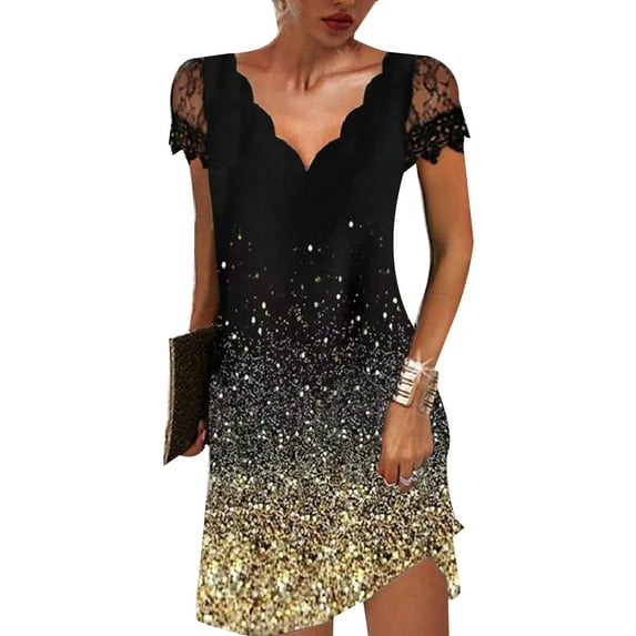YAGHYAGH Womens Lace Short Sleeve V Neck Printed Mini Dress