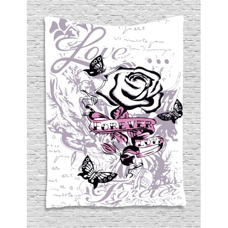 Butterfly Tapestry Wall Hanging - Rose Tapestry, Abstract Rose with Butterflies Nostalgic Victorian Design Forever Love Theme, Wall Hanging for Bedroom Living Room Dorm Decor, 40W X 60L Inches, Pale Mauve Pink, by Ambesonne