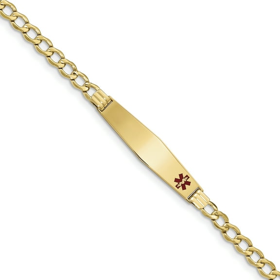 Primal Gold 14 Karat Yellow Gold Semi-Solid Medical Soft Diamond Shape Red Enamel Curb Link ID Bracelet
