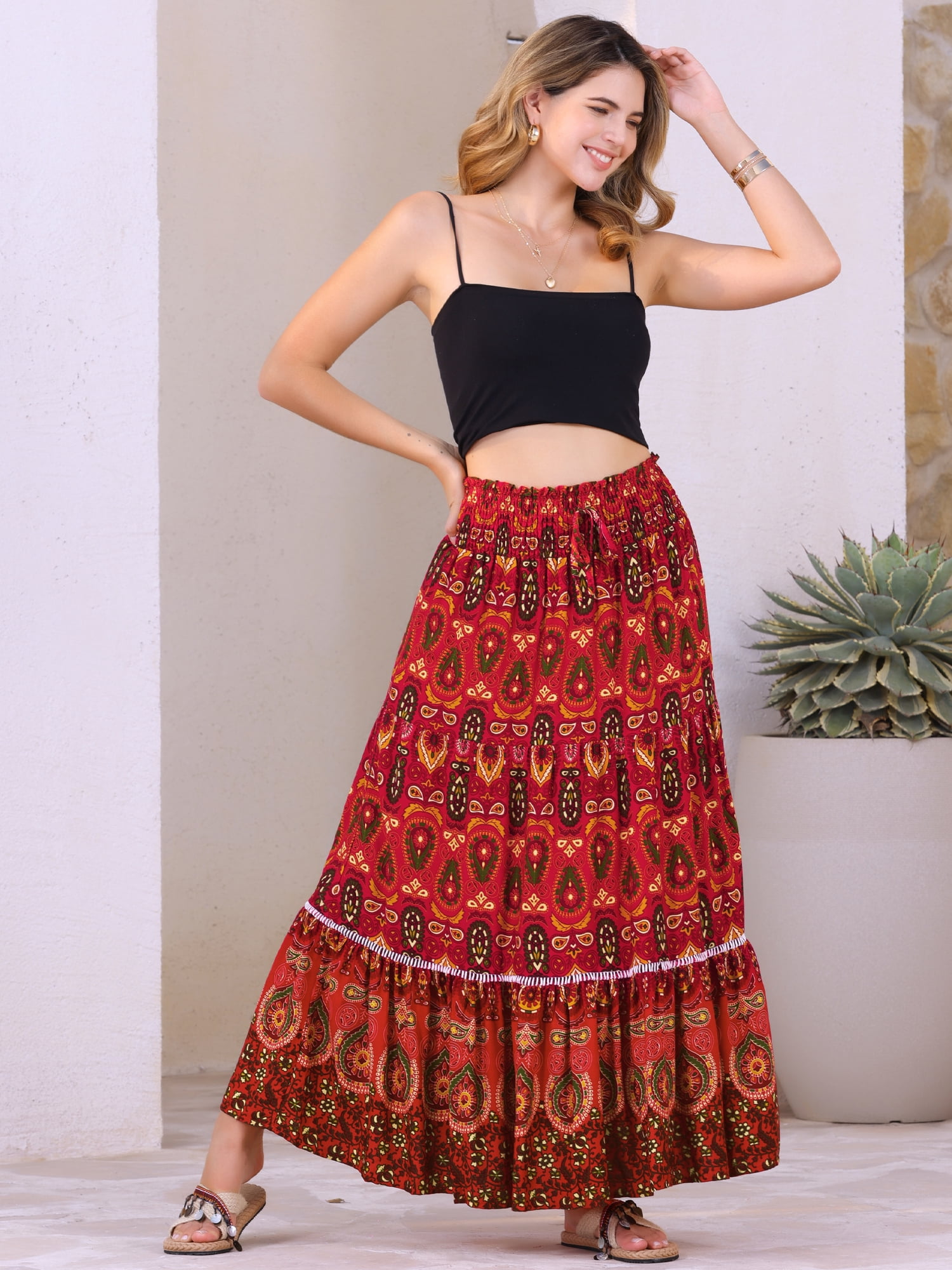 DARING DIVA Women's Boho Floral Smocked High Waist A Line Maxi Skirts XS Red