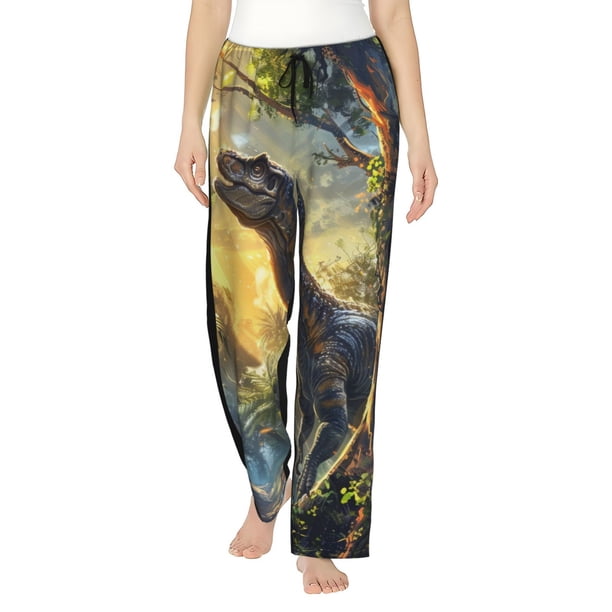 Fotbe Sunshine Jungle Dinosaur Pantalones de Pijama para Mujer, Pantalones de Dormir, Pantalones Pj con Cordón y Bolsillos-Large