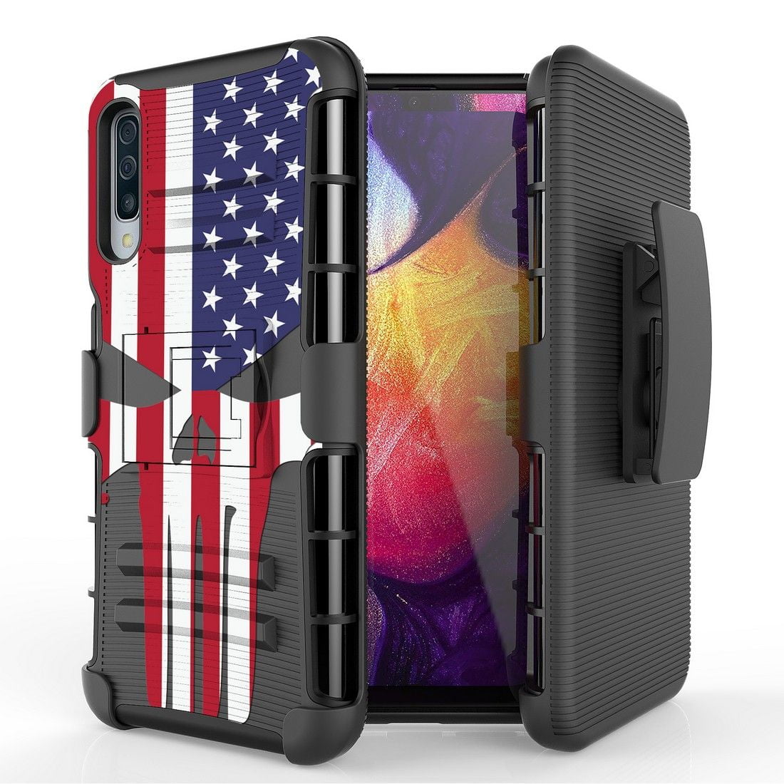 BC Heavy Duty Armor Case with Belt Holster Clip for Samsung Galaxy A20 - USA Skull Flag