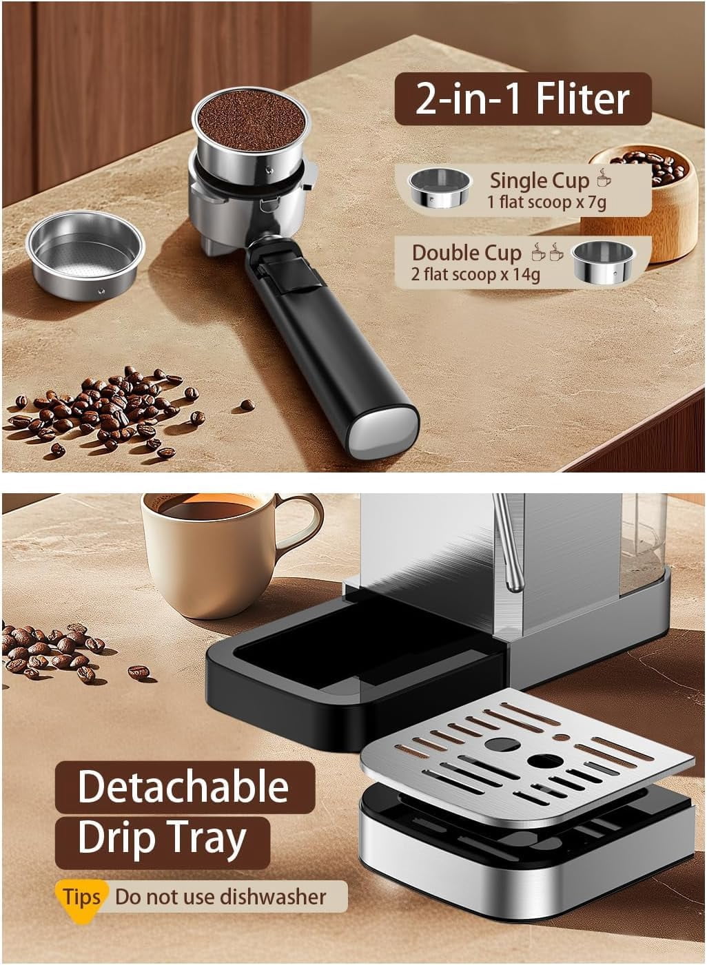 Espresso Machine 20 Bar Coffe Maker with Rapid Cold Brew, Compact Espresso Maker for Hot and Cold Cappuccino, Latte, Stainless Steel Coffee Machines with 1200ml Removable Water Tank