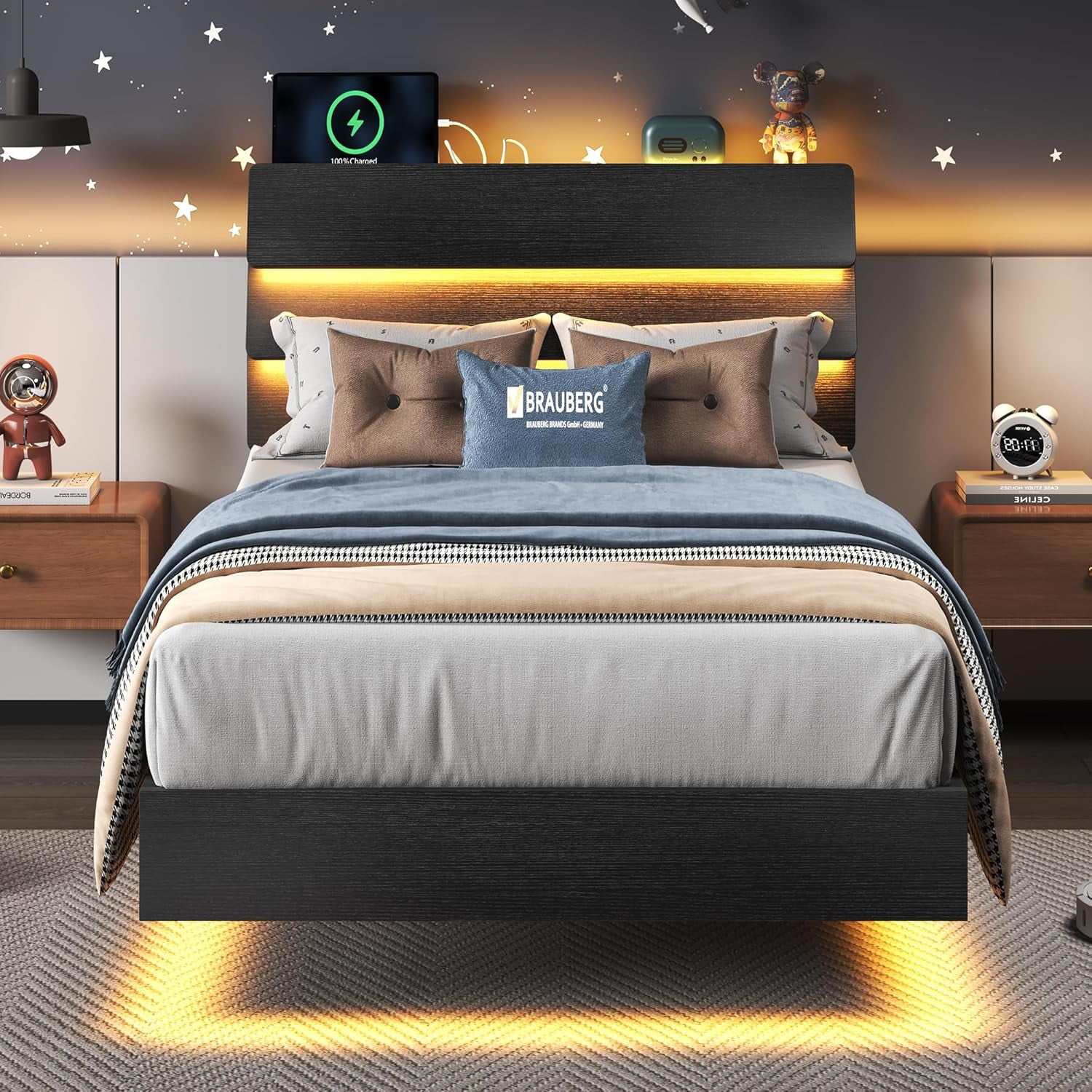 Honfach Floating twin Size Bed Frame with LED Lights & Charging Station, Platform Bed with Wooden Storage Headboard, Black.