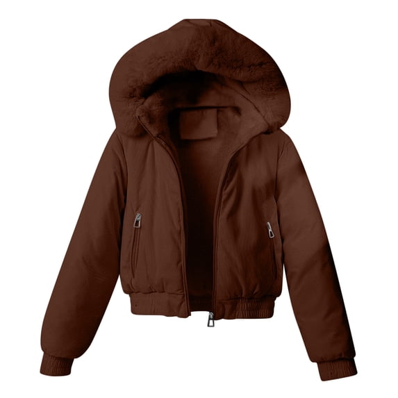 Cropped Puffer Jacket Women Sherpa Lined Hooded Full Zip Fuzzy Winter Padded Coat with Zipper Pockets Ribbed Cuffs Hem Warm Casual Street Outerwear
