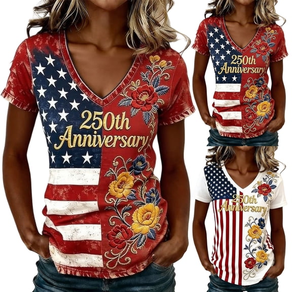 HCYSFG Patriotic Shirts for Women USA Flag 250th Anniversary T Shirt Crewneck Graphic Tee Summer Tops for Women 4th of July Independence Day Shirt