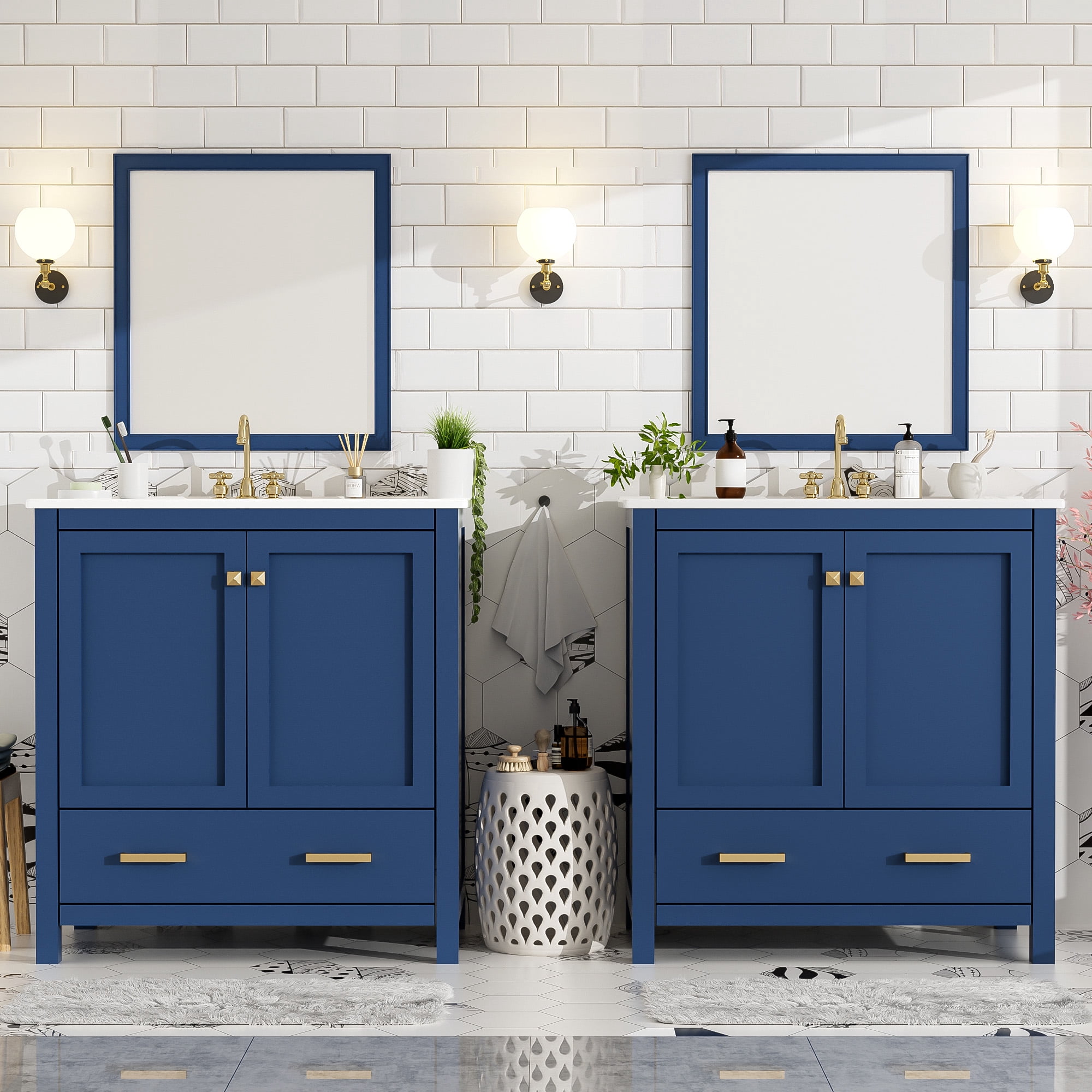 Euroco 60" Blue Bathroom Vanity Set with Double Vanities (Separate), Double Ceramic Sinks, Storage Shelf, and Divided Drawers (Mirror not included)– Modern Bathroom Solution for Spacious Bathrooms