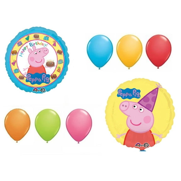 DalvayDelights Peppa The Pig 8 Piece Happy Birthday Party Mylar & Plain Latex Balloons Favor Set